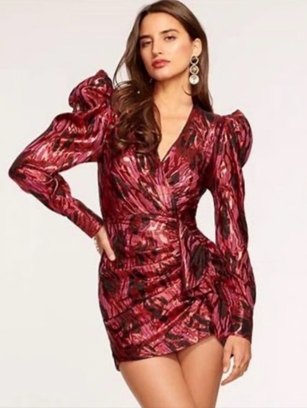 Ramy Brook Annie Pink Red Metallic Jacquard Mini Dress Faux Wrap Puff Sleeve XS